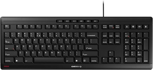 Cherry Stream Keyboard | Wired Slim Whisper Quiet | Silent Keys | Black | For PC/Laptop, Unique Typing Feel, Slim Design, CHERRY SX Scissor Switches, USB-A, QWERTY, Home or Office