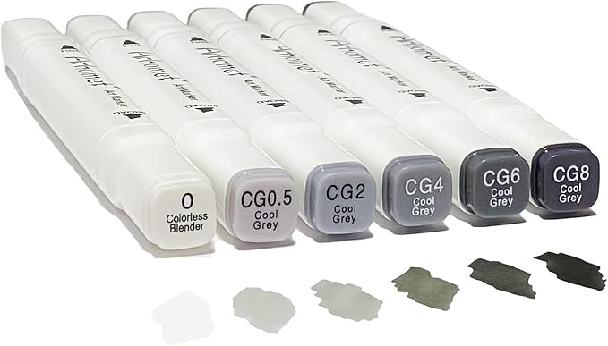 Arhomet 6pcs Grey Gray Alcohol Markers Set for Building Interior Design, Dual Tips Art Markers Drawing Sketched Double Tipped for Adults (Cool Grey)
