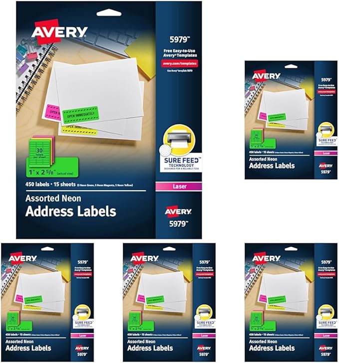 Avery Printable Address Labels with Sure Feed,1" x 2-5/8",Assorted Neon Colors (Magenta,Green and Yellow),Laser & Inkjet Compatible,450 Blank Labels Total (5979),(Pack of 5)