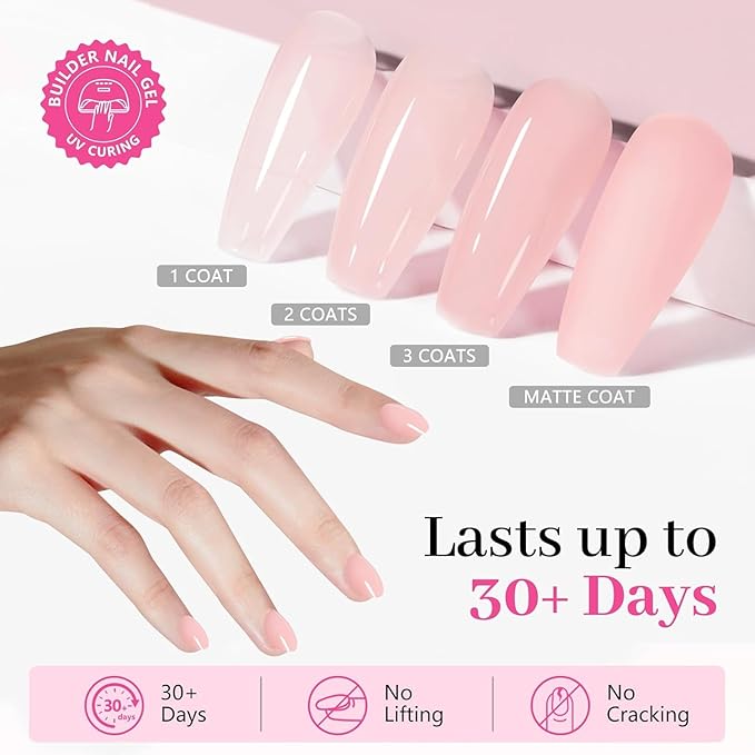 Gel Nail Polish Builder, 8-in-One Builder Pink Nail Polish Strengthener Glue Apex Enhancement Extension Hard Building Nude Gel LED Lamp Cured Rubber Base Coat for DIY Beginner & Salon Manicure