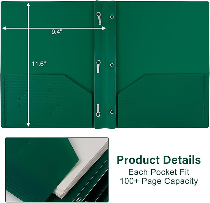 12-Pack Plastic Folders with Pockets and Prongs,2-Pocket Folders with 3 Fasteners, Poly Folders Holds 8-1/2" x 11" Paper for School/Office/Home, Green