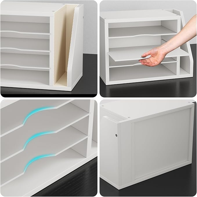 Mail Sorter, File Organizer Desktop, Wood Desk Organizer with 3 Adjustable Shelves, Mail Holder for Office, Home, Letter Sorter File Holders for Envelopes, Mail Supplies Magazines, White