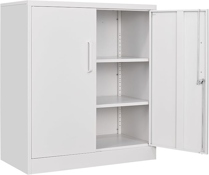 White Metal Storage Cabinet with Doors and Shelves,36 inch Small Metal Cabinet with Lock,Short Garage Storage Cabinets,Locking Steel Cupboard for Home,Office,Kitchen,Garages