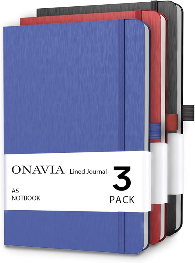 A5 College Ruled Notebook 3 Pack, Hardcover Lined Journals for School Notes, Study, Homework, Class Writing and Journaling, 160 Pages (80 Sheets), 5.8 x 8.3 in, Black, Red, Blue
