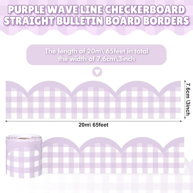 Zonon 65ft Purple Gingham Bulletin Board Border Pastel Scalloped Bulletin Board Trim Back to School Classrooms Decoration for Party Whiteboard, Walls, Desks, Windows, Doors, Lockers
