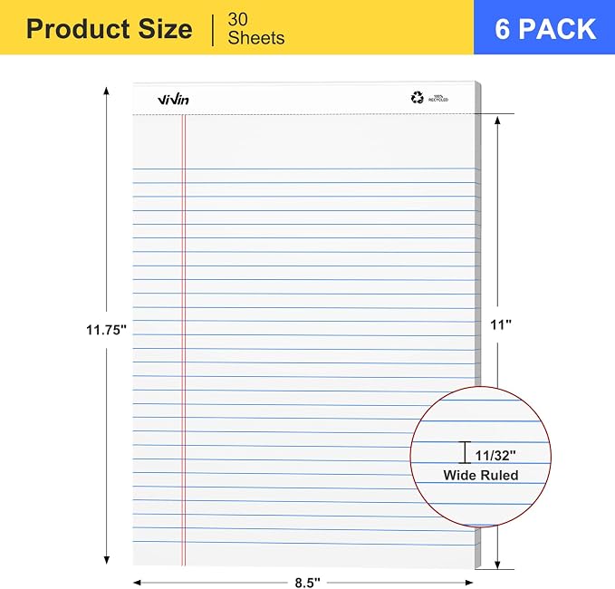 ViVin 6 Pack Legal Pads 8.5" x 11.75", Wide Ruled Note Pads, 30 Sheet/Pad | Perforated Writing Pads, Notepads for Office Home School, White Paper