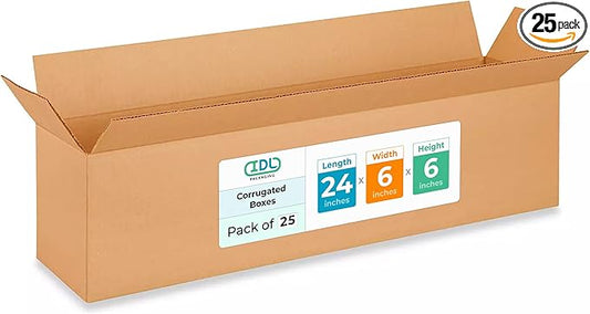 Long Moving & Shipping Boxes 24"L x 6"W x 6"H (25-Pack) - Extra Strength 200 lb vs Regular - USA-Made Corrugated Heavy Duty Moving Boxes - Cardboard Long Box for Shipping & Packing by IDL Packaging