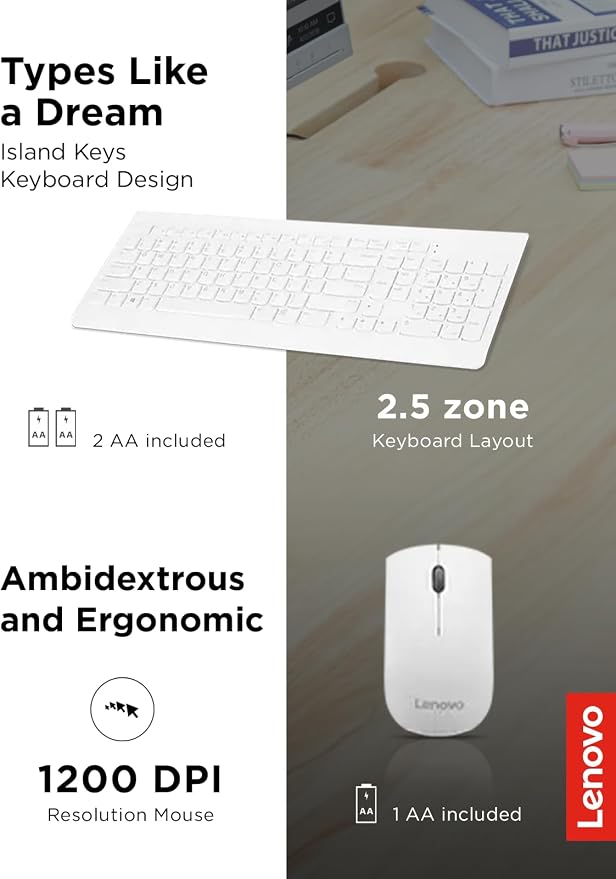 Lenovo 510 Wireless Combo with 2.4 GHz USB Receiver, Slim Full Size Keyboard, Full Number Pad, 1200 DPI Optical Mouse, Left or Right Hand, GX30W75336, White