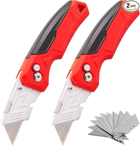 (2-Pack) Box Cutter with Blade Storage Design, Heavy Duty Folding Utility Knife with 10 Extra Blades for Cardboard, Carton, Carpet Cutting, Anti-slip Handle, Quick Replace Blade