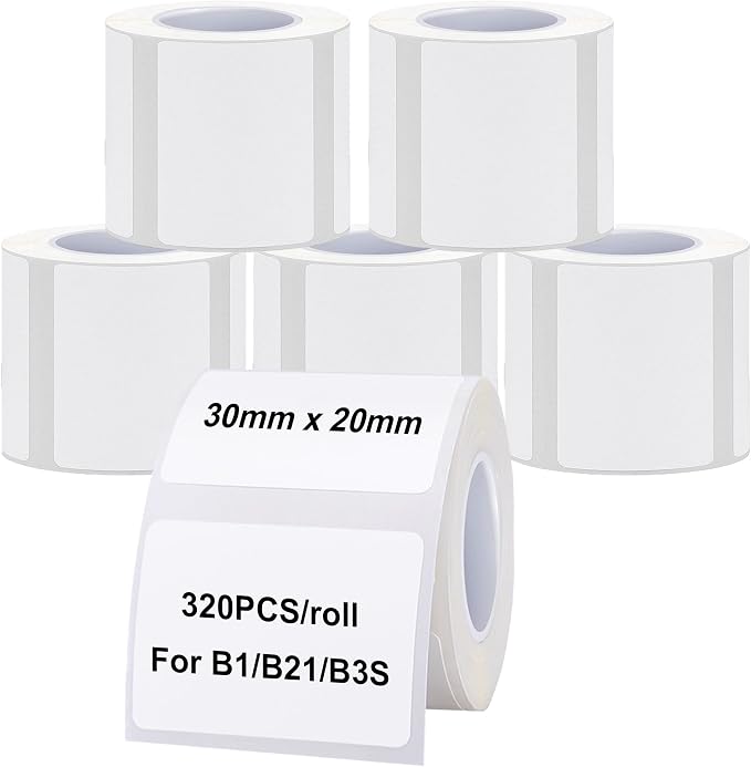 Thermal Labels Maker Tapes for B21/B3S/B1 Printer,1.18" X 0.78" (30 X 20mm) | 320 Labels/Roll,Multi-Purpose Adhesive Labels Sticker Paper for Home Office Small Business Address School,6 Rolls White