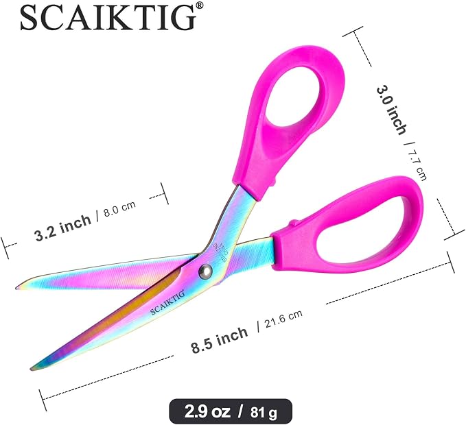 SCAIKTIG 8.5“ Bent Fabric Scissors All Purpose Sharp Heavy Duty, Bent Shears for Sewing Crafting Cutting Clothes, Felt, Leather, Paper Supplies, Pink Handle, Titanium Coating Blades, 2-Pack