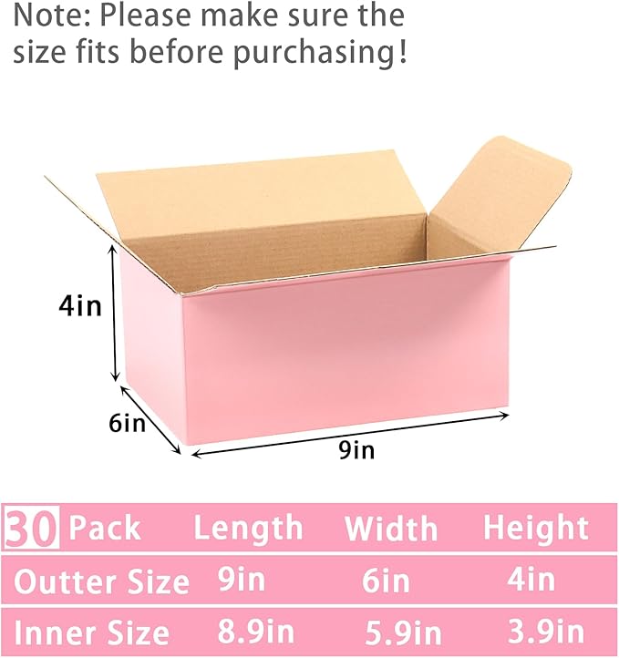 Pink Shipping Boxes Medium 9x6x4 Inches, 30 Pack Corrugated Cardboard Boxes for Packaging Small Business Mailing