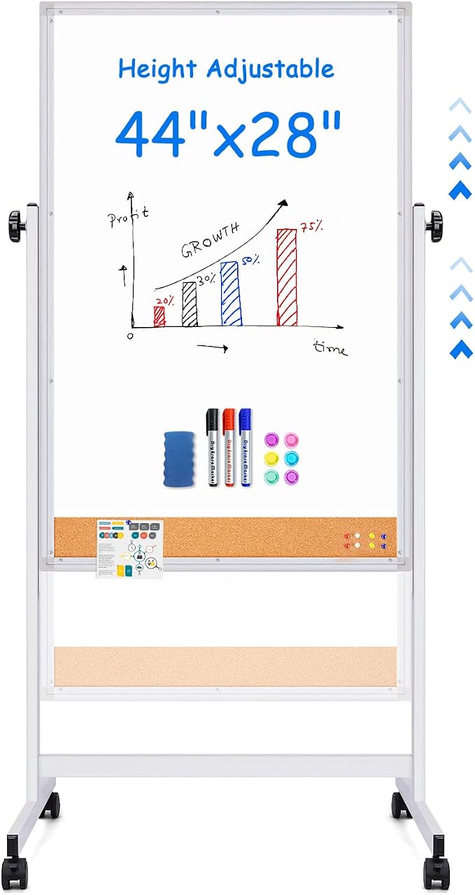 Maxtek Rolling White Board 48 x 24 in, Magnetic Cork Board Combo on Wheels | Mobile Easel Height Adjustable Magnetic Dry Erase and Cork Board Double-Sided with Stand for Classroom, Home, School, Office