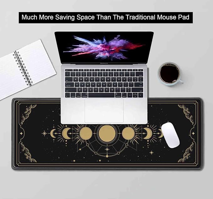 Moon Phases Large Gaming Mouse Pad, Celestial Cycle Lunar Chart Black and Gold Desk Pad, Stars in Space Horoscope Desk Mat, Mystical Astronomy Mousepad for Gamer Home&Office, 31.5x11.8 in