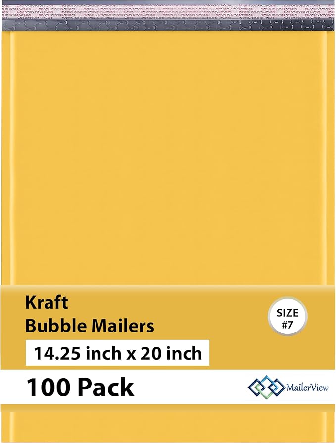 Kraft Bubble Mailers 14.25x20, Self Seal Padded Envelopes #7, 100 Pack | Holds Clothing & Bulk Items, No Tape Needed, Cushioned Protection, Tear-Resistant Yellow Kraft, Made in USA