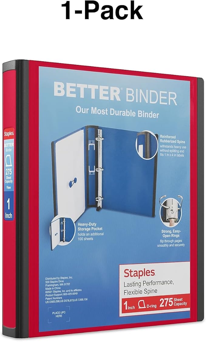Staples Heavy-Duty 1-Inch D-Ring Binder, Red – 3-Ring Binder with Removable Spine Label, Durable Polypropylene for School & Office