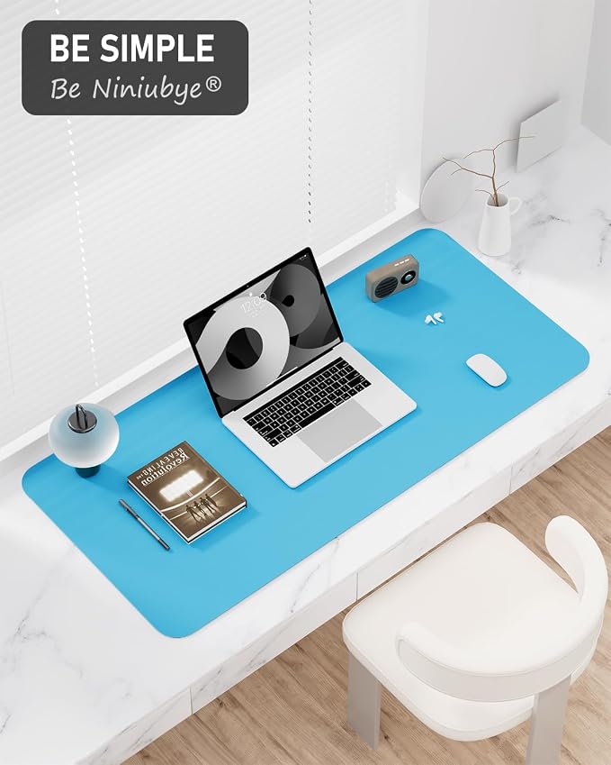 Desk Pad, 35.5" x 17" PU Leather Non-Slip Desk Mat Large Mouse Pad for Desktop, Waterproof Laptop Computer Writing Mat for Office, Home, Work, Gaming, Aqua Blue