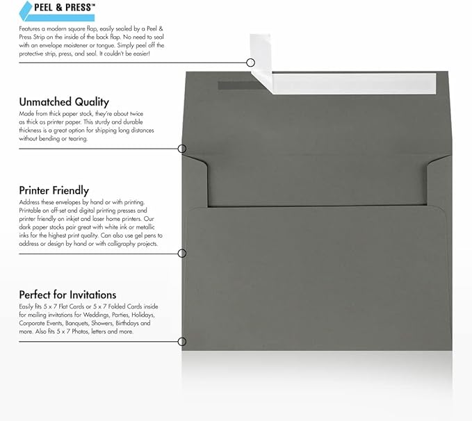 LUXPaper A7 Invitation Envelopes | Peel & Press | 5 1/4" x 7 1/4" | Smoke Gray | 80lb. Text | 50 Qty