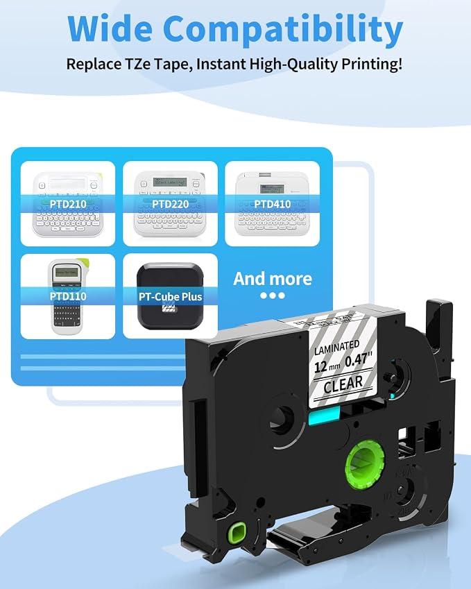 Colorty Clear Label Maker Tape TZe-131 Compatible with Brother P-Touch | TZ TZe 12mm 0.47" Laminated 1/2" Black on Clear Tape TZe131 for PT-D220 D210 H110 1180 1280 1890 Tape Refills, 6-Pack