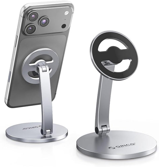 ORICO Magnetic Phone Stand for Magsafe, Adjustable Foldable Aluminum Alloy Stand for iPhone 17/16/15/14/13/12 Pro Max Air/Magsafe Case, Phone Holder for Desk, Streaming & Video Calls - PS1, Sliver