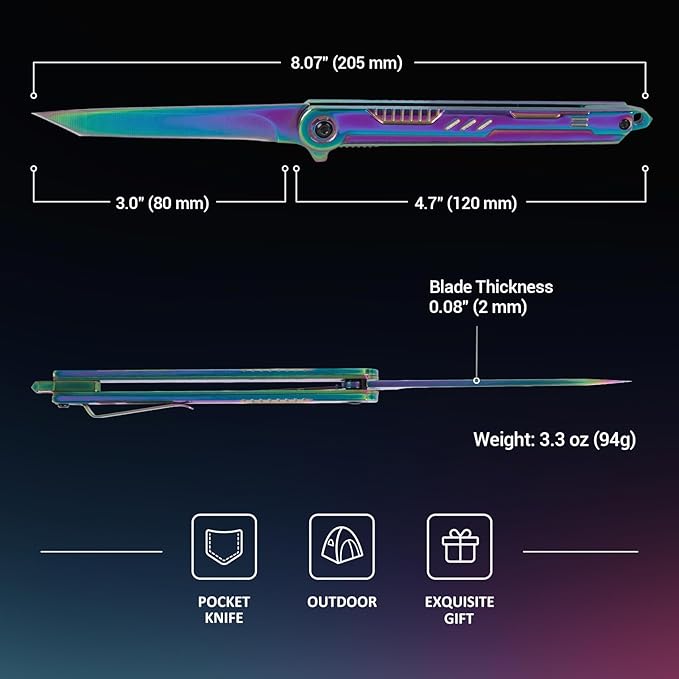 Rainbow Pocket Knife for Men & Women - EDC Folding Knives with Clip, Glass Breaker, Flipper and Liner Lock for Self Defense - Cool Survival Knife for Outdoor Camping