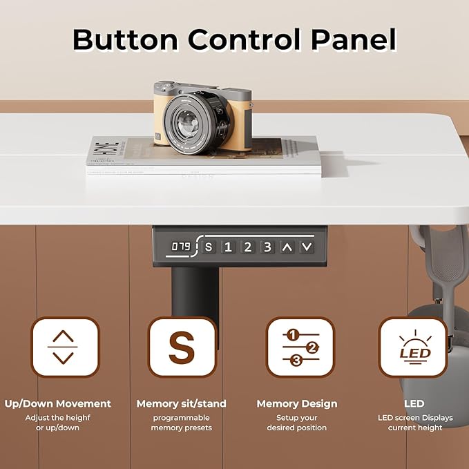 Small Standing Desk, 32" ×20" Electric White Standing Desk, Height Adjustable Compact Sit Stand Workstation with Splice Board, Home Office Desk with 2 Hooks