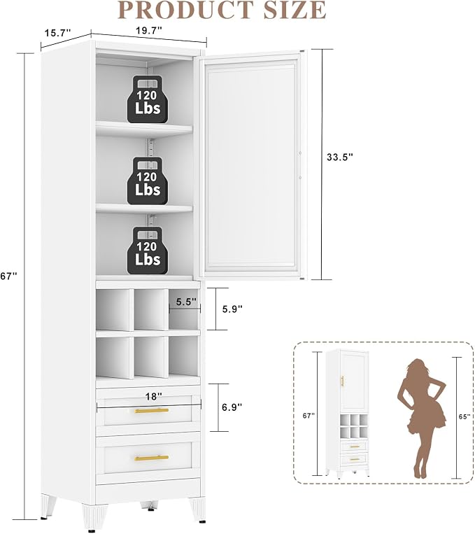 Metal Tall Narrow Storage Cabinet, Freestanding Floor Cabinet with Drawers and Adjustable Shelves, Pantry Storage Cabinets for Bathroom, Living Room, Entryway and Kitchen,White
