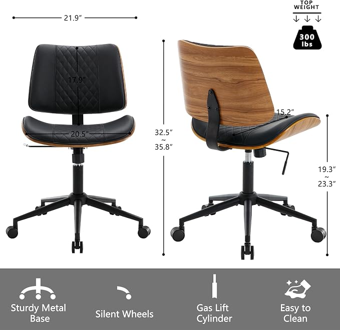 Home Office Chair No Arms with Wheels, Mid Back Walnut Style,Black-2 | Adjustable Height Small Desk Chair, PU Leather Mid Back 360 Swivel Computer Seating, Armless Walnut Office Chair, 300LBS