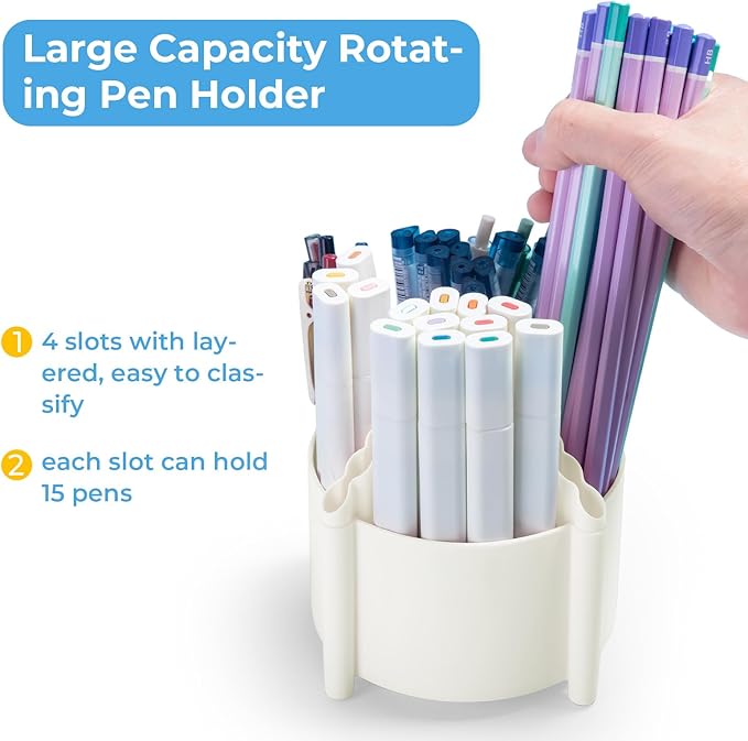 M&G 360 Degree Rotating Desk Organizer, 4 Slot Pencil Holder with Stickers, Multi-Purpose Cute Pen Pencil Cup for Make Up Brush Office School Home (White)