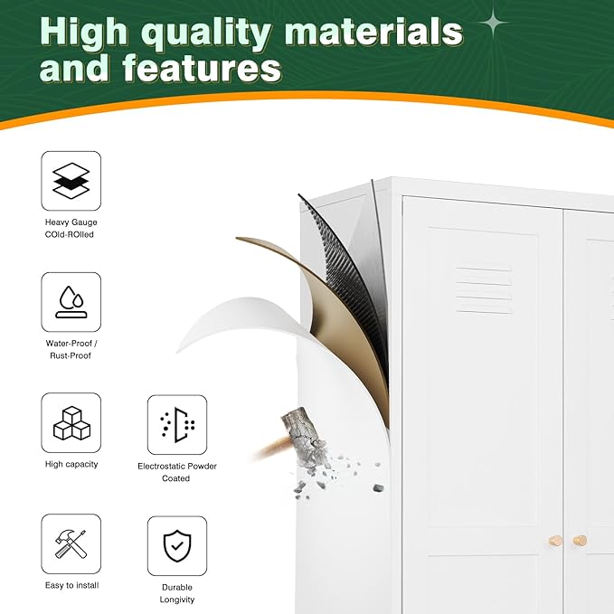 Letaya White Storage Cabinet with Feets-Metal Home Kitchen Pantry Cabinets with Doors and Adjustable Shelves,Organization Locker for Cupboard/Bedroom/Dining/Living/Bathroom/Office/Garage Room (White)