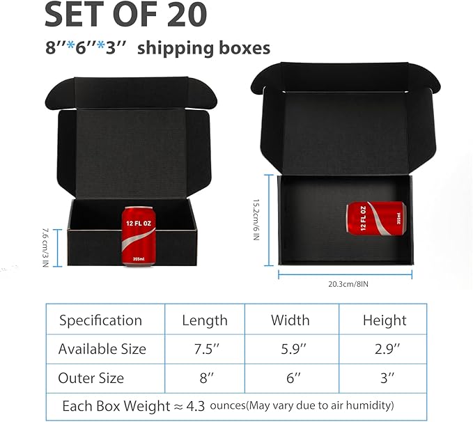 Small Shipping Boxes 8x6x3 Inches – Black Corrugated Cardboard Boxes (20-Pack) for Mailing, Packing, Small Business & Gift Packaging - Recyclable & Sturdy