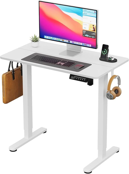Small Standing Desk, 35" ×20" Electric White Standing Desk, Height Adjustable Compact Sit Stand Workstation with Splice Board, Home Office Desk with 2 Hooks