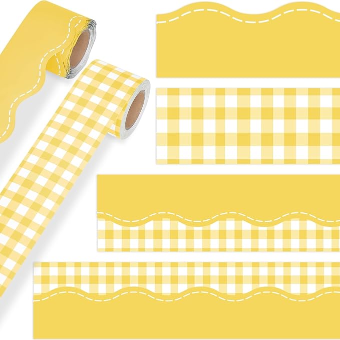2 Rolls 65.6ft Yellow Gingham Bulletin Board Borders Decoration Yellow Checkered and Straight Edge Bulletin Borders Board Trim for Office School Classroom Chalkboard Party Decoration