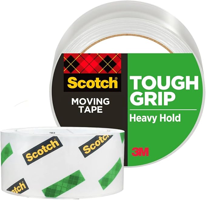 Scotch Tough Grip Moving Packing Tape, Clear, Moving Tape That Secures Boxess up to 80 Pounds, 1.88 in. x 54.6 yd., 1 Tape Roll