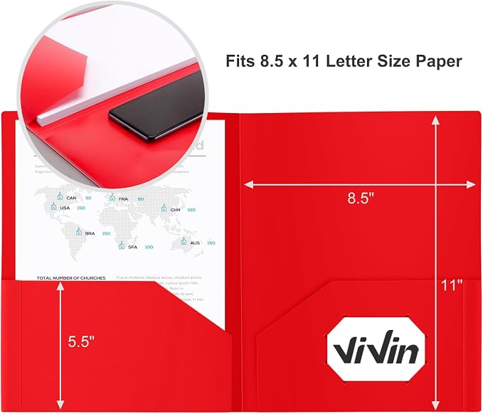 ViVin 6-Pack Plastic Folders with Pockets, Poly Folder with 2 Pockets, Assorted Folders Hold US Letter Size Paper for School/Office/Home