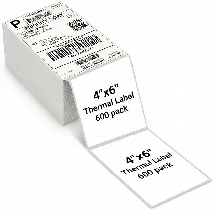 Thermal Direct Shipping Label - 4x6 Inches - 600 Sheets Fanfold Perforated 1 Stack - Waterproof - Compatible with Zebra Rollo Brother Printers - Commercial Grade