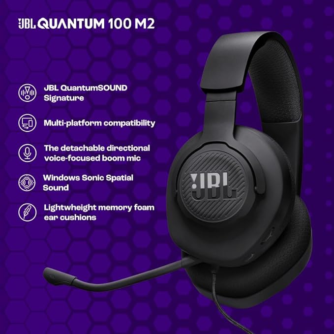 JBL Quantum 100M2 - Wired Over-Ear Gaming Headset with omnidirectional, Detachable mic with Mute Option and Fabric-Covered Memory Foam Ear Cushions, Compatible with All Platforms (Black)