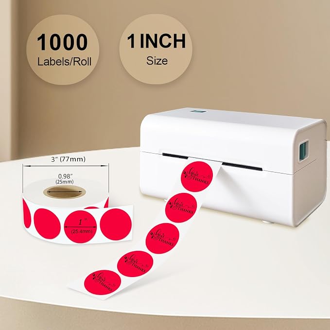 1 Inch Round Thermal Sticker Labels,Color Dot Stickers,Label Stickers,Waterproof,Oil Proof,for Thermal Printers,DIY,Office,Retail,Home and Warehouse Organization(Red,1000 Pcs)