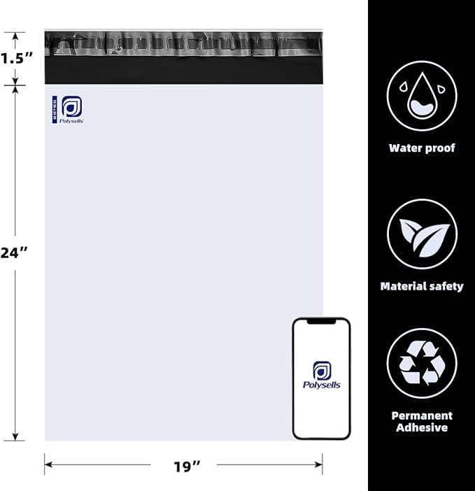 POLYSELLS 300 19x24 Inch White Pack Large Poly Mailers Shipping Envelopes, Strong Adhesive Sealing, Waterproof, and Tear-resistant Postal Mailing Bags for Clothing, and Accessories