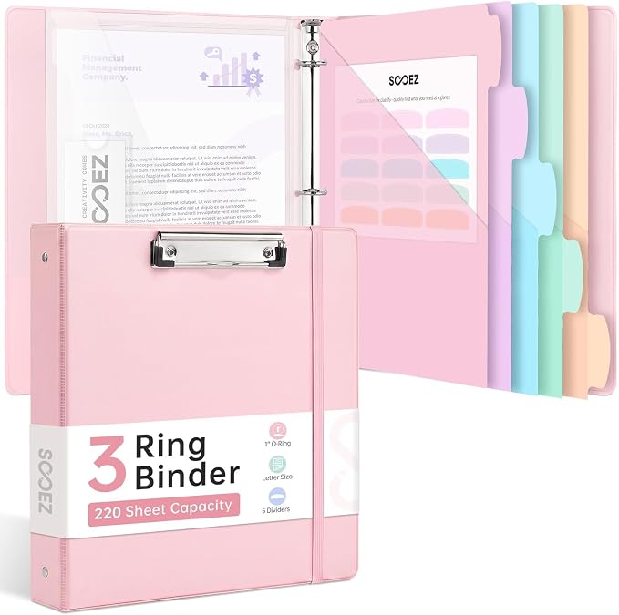 Sooez 3 Ring Binder Clipboard with Storage & 5-Tab Dividers, 1 Inch | Premium Clip Board 11 x 8.5 & Pen Holder, Pocket Dividers, Clear File Folder, Cute Binder Organizer, School Office Supplies