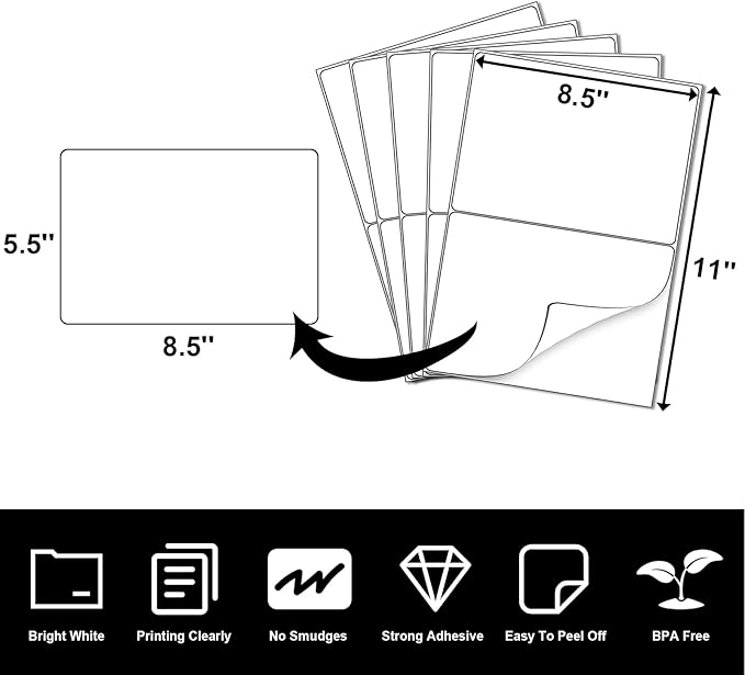 LabelMore 8.5'' x 5.5'' Half Sheet Self Adhesive Shipping Labels for Laser & Inkjet Printers - Rounded Corner - 1000 Labels - Shipping Labels 2 Per Sheet