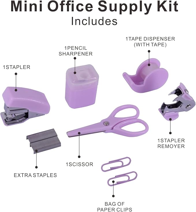 Mini Office Supply Kits Small Stapler for Student Office Purple | Includes Mini Stapler,Scissors, Staple Remover, Staples, Tape Dispenser for Gift (Purple)