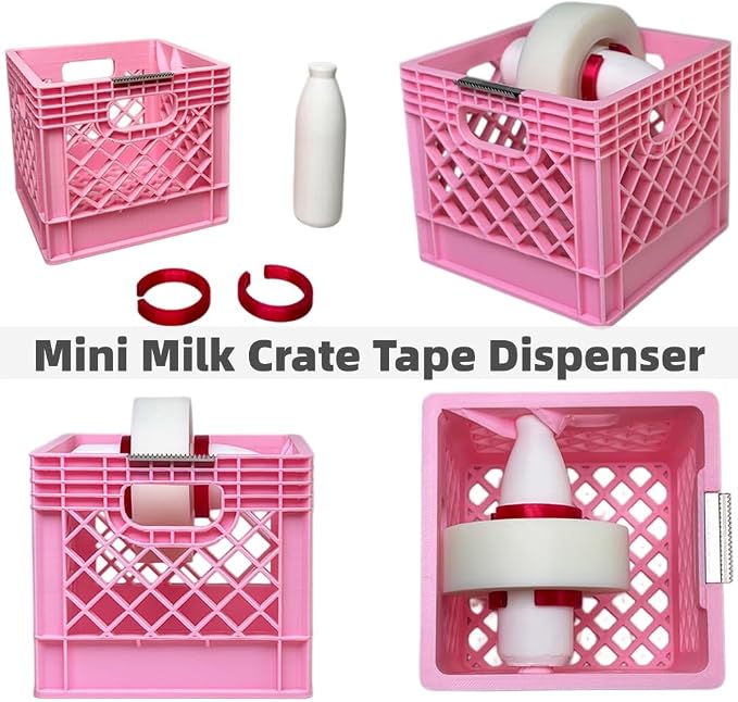 Mini Milk Crate Tape Dispenser Cute Desk Accessory Desktop Organizer Gift | Mini Pink Milk Crate Tape Dispenser & Organizer. Cute Vintage Office Supplies Desktop Storage Box Novelty Coworker Gag Gift
