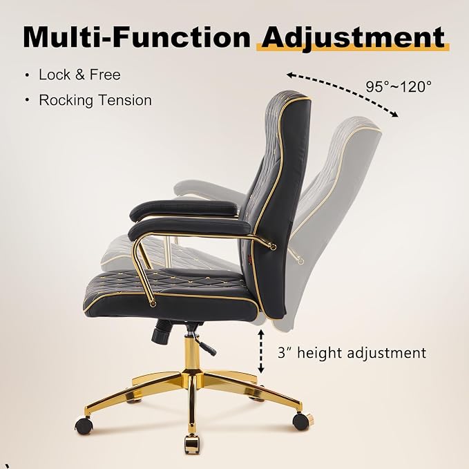 Black and Gold Office Chair, Leather Office Chairs, Adjustable Vanity Chair with Golden Legs and Padded Armrest, Modern Upholstered Computer Chair with Wheels,Black