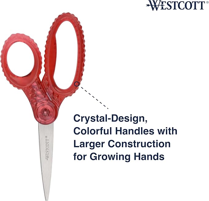 Westcott GEM Crystal-Design 7-Inch Pointed Student Scissors for Ages 12+, Classroom Essential with Comfortable Grip, Ideal for Left or Right Hand, Back to School, School Supplies, Pink