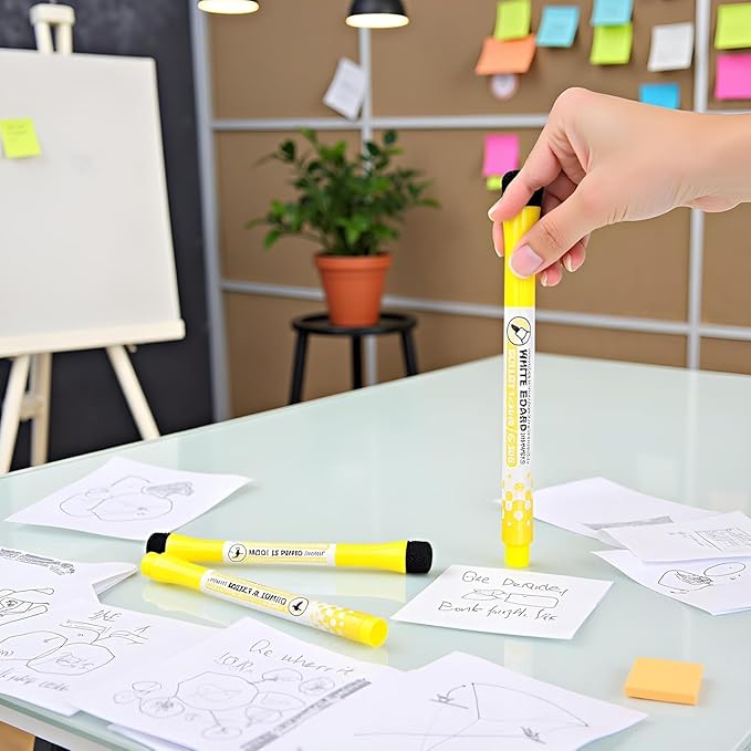 6Pcs Yellow Magnetic Whiteboard Pen Writing Drawing Erasable Board Marker Office Supplies Erasable Whiteboard Pen Dry Erase and Wet Erase Markers Mini Dry Erase Markers for Whiteboard