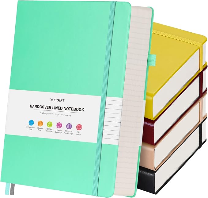 5 Pack College Ruled Notebook Bulk, A5, 312 Numbered Page Thick Journal Set | Cost-Effective 5 Pack 1600 Pages Total, 100gsm No Bleed Paper, Leather Hardcover, Lay-Flat, for Writing, Work, Employee Gifts
