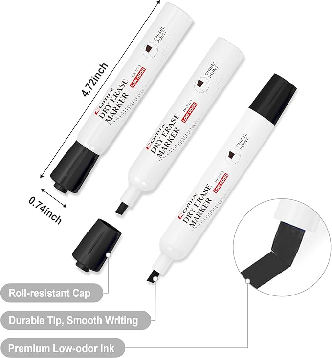 Comix Dry Erase Markers Black, Chisel Tip Whiteboard Markers, 36 Bulk Low Odor Markers for Classroom, Teachers, Office, School Supplies, Black Color
