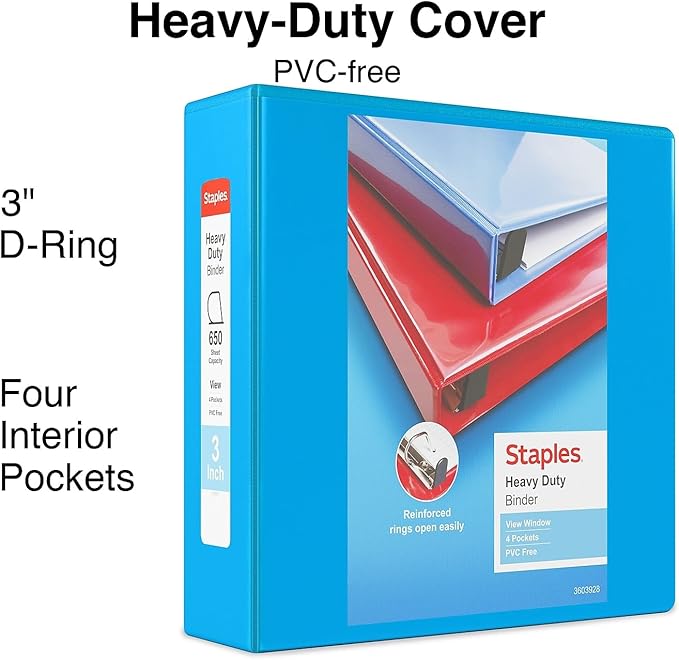 Staples Heavy-Duty 3-Inch D-Ring View Binder, Reinforced Spine, Holds Up to 600 Sheets, Light Blue, for Office & School