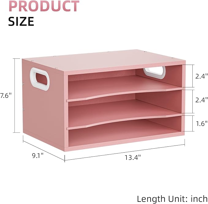 Marbrasse 3 Tier Wood Desk Organizer,Desk Paper Letter Tray Organizer，Pink | Wooden Desktop File Organizer with Handle and Paper Sorter Mail Holder for Office School & Home Supplies Organization